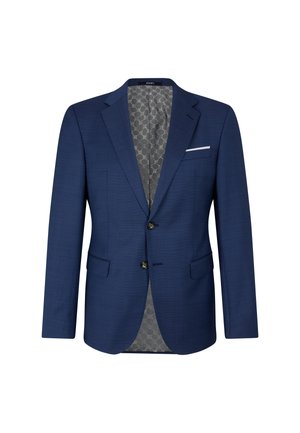 Marineblauer Anzugjackett mit zwei Knöpfen, Reverskragen und zwei vorderen Taschen. Innen ist es mit einem gemusterten grauen Futter und einem weißen Taschentuch akzentuiert.