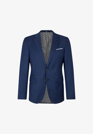 Marineblauwe colbert met twee knopen, notch revers en twee voorzakken. De binnenkant heeft een gepatterde grijze voering en een witte accent zakdoek.