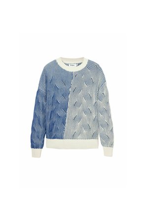 Knit sweater with wave patterns in blue and white, featuring a cream-colored round neck and ribbed cuffs and hem. Textured design throughout.