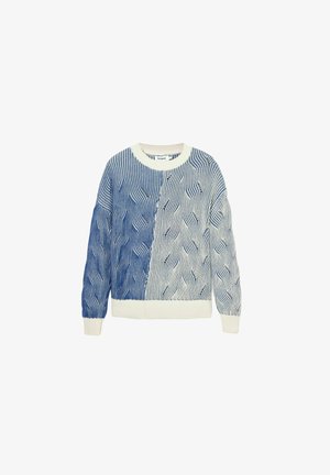 Jersey de punto con patrones en forma de ola en azul y blanco, con cuello redondo en color crema y puños y dobladillo acanalados. Diseño texturizado en toda la prenda.