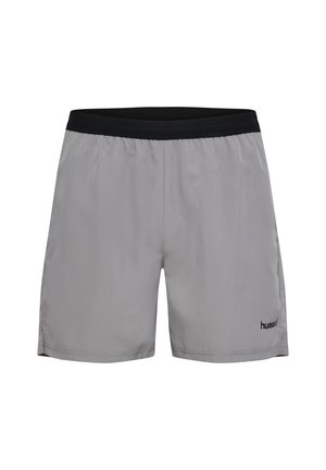 Graue Herren-Sportshorts mit elastischem schwarzem Bund und kleinem schwarzem Logo am unteren linken Bein.