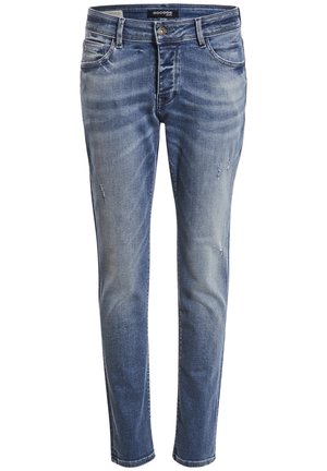 Jeans in denim di un blu medio con accenti sbiaditi, leggeri strappi, cinque tasche e una vestibilità slim con chiusura a bottone.