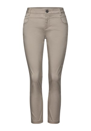 Beige enganliegende Jeans mit vier Taschen, Reißverschluss und Knopfverschluss. Aus glattem, dehnbarem Material gefertigt, mit gerader Beinform.