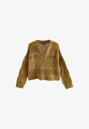 Pletený svetr s výstřihem do V v hořčicové žluté barvě, s otevřenými vzory, dlouhými rukávy a zkráceným lemem. Texturovaná tkanina s žebrovanými detaily.