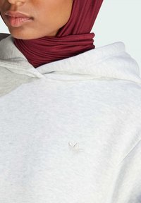 Ljusgrå hoodie med en känguruficka och en liten broderad logotyp. Den har en mjuk textur och en huva med dragsko. Vinröd halsdel synlig.