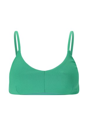 Haut de bikini vert côtelé avec de fines sangles réglables et un décolleté arrondi. Fabriqué en tissu extensible, présentant un design sans coutures.
