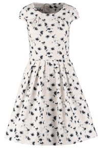 Robe blanche avec motif floral noir et gris, manches courtes, encolure ronde, taille cintrée et jupe patineuse plissée.