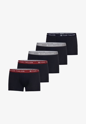 Fünf Paar Herren-Boxershorts in Dunkelnavy, Grau und Burgunderrot. Baumwollmaterial mit elastischen Taillenbündchen, die das "TOM TAILOR"-Logo tragen.
