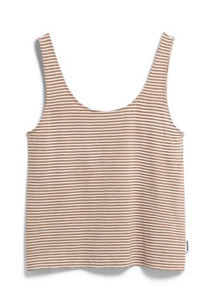 Débardeur sans manches à rayures horizontales beige et blanc avec encolure arrondie, posé à plat sur fond blanc.