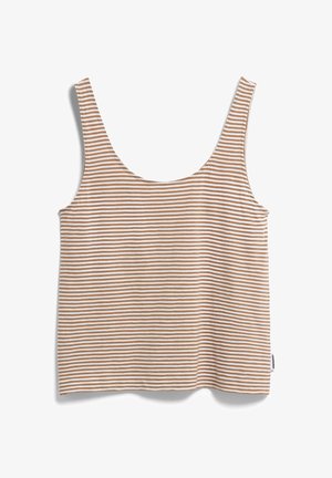 Débardeur sans manches à rayures horizontales beige et blanc avec encolure arrondie, posé à plat sur fond blanc.