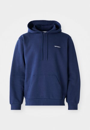 Marineblå hettegenser laget av bomullsblanding. Har en frontlomme og snor til justering. Brodert logo på brystet.