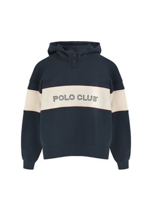 Navyblauwe hoodie met crèmekleurige en marineblauwe strepen, met de tekst "POLO CLUB" in zwart. Zacht materiaal, ontspannen pasvorm, geribbelde mouwen.