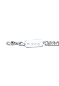 Bracciale a catena in argento con finitura lucida, caratterizzato da una chiusura a moschettone, una targhetta incisa con la scritta "Kuzzoi" e maglie incastrate.