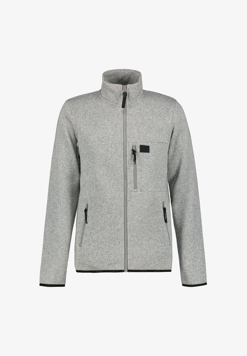 Graue Fleecejacke mit einem durchgehenden Reißverschluss, hohem Kragen, zwei Seitentaschen mit Reißverschlüssen und einer Brusttasche mit einem schwarzen Etikett.