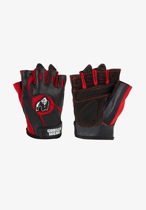 Zwarte en rode vingerloze handschoenen van leer en stof, met een logo, versterkte stiksels en gestructureerde gripoppervlakken.