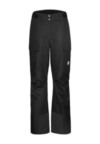 Pantalons de neige noirs imperméables avec une coupe décontractée, comportant deux poches avant, des jambes inférieures renforcées et un logo sur le côté. Fermeture à double bouton à la taille.