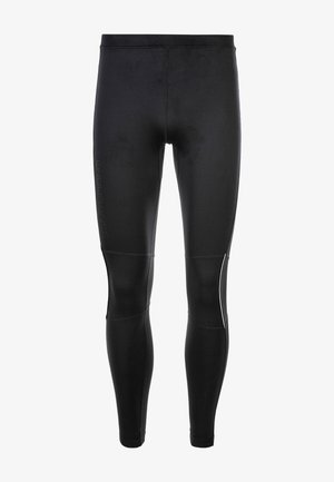 Black athletic leggings made of stretchy material. Features a fitted design with seamless stitching and a reflective logo on the side.