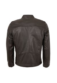 Braune Lederjacke mit taillierter Form, minimalistischem Design, sichtbaren Nähdetails und leicht strukturiertem Finish.