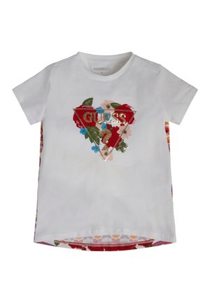 Weißes kurzärmeliges T-Shirt mit floralem Design und goldglänzendem "GUESS ?"-Logo in einem Dreieck auf der Vorderseite.