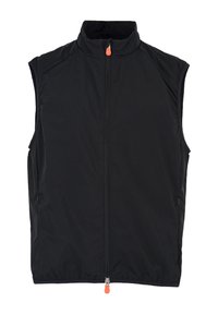Gilet nero senza maniche con collo alto, zip frontale e tirazip arancione. Leggero, con una texture liscia e un design sagomato.