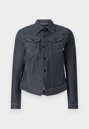 Donkerblauwe denim jacket met lange mouwen, knoopsluiting aan de voorkant, twee knoopzakken op de borst en contrasterende stiksels.