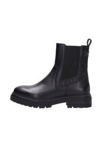 Zwarte Chelsea boots van getextureerd leer, met elastieken zijpanelen, een trekband en een chunky rubberen zool voor grip.