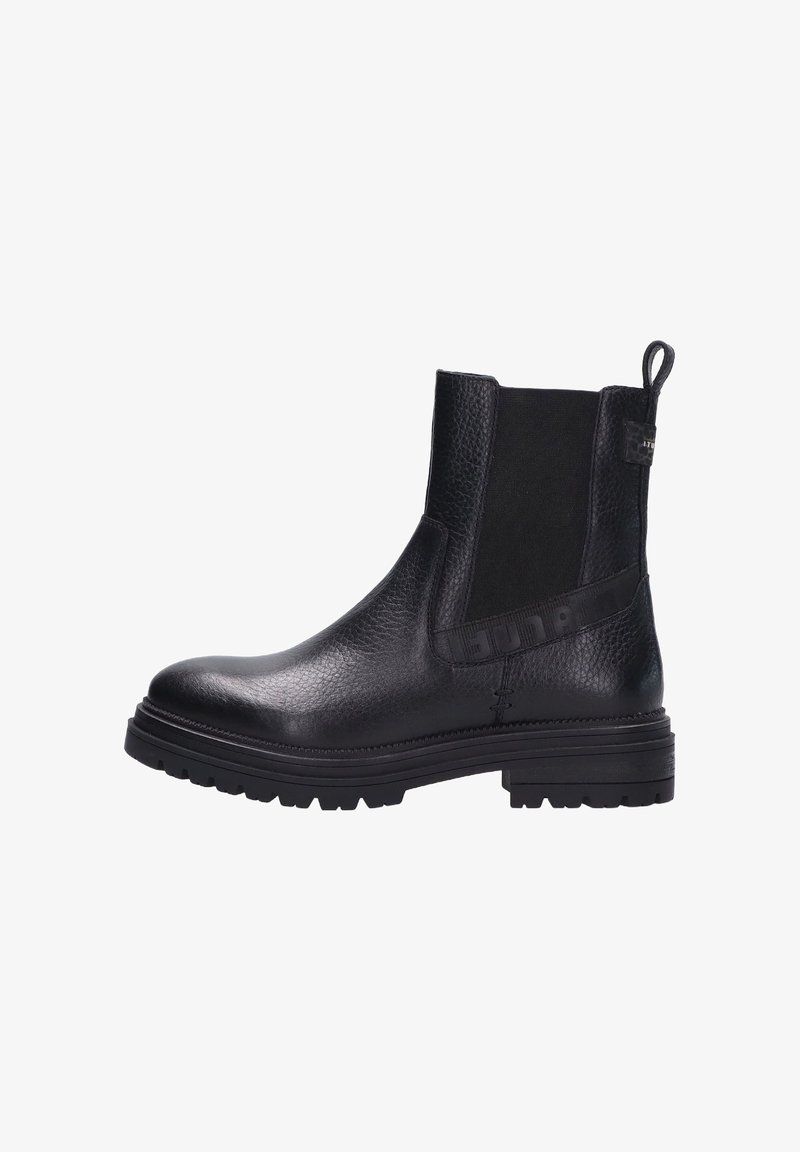 Zwarte Chelsea boots van getextureerd leer, met elastieken zijpanelen, een trekband en een chunky rubberen zool voor grip.