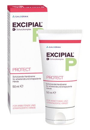 Excipiant P Handcreme-Tube, weiß mit roten Akzenten, 50 ml Größe. Die Box enthält den Produktnamen und Anwendungshinweise in mehreren Sprachen.