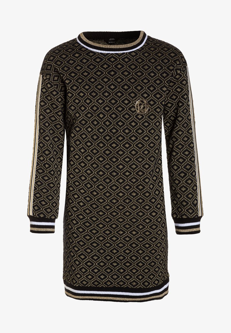 Robe en maille noire à manches longues avec motif losange doré, poignets et ourlet rayés, et petit logo métallique circulaire sur la poitrine.