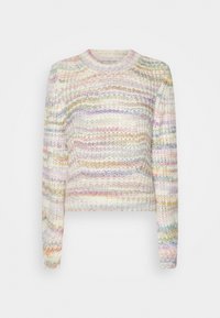 Maglione lavorato a maglia con scollatura rotonda, vestibilità ampia e maniche lunghe. Presenta un motivo multicolore con tonalità pastello su un tessuto morbido e strutturato.
