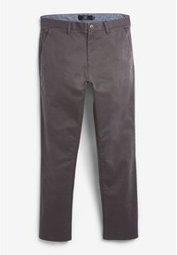 Chinos en coton gris avec une coupe classique. Comprend des poches avant, une fermeture à bouton et une ceinture intérieure à motifs. Texture lisse.