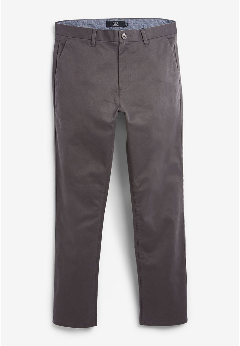 Chinos en coton gris avec une coupe classique. Comprend des poches avant, une fermeture à bouton et une ceinture intérieure à motifs. Texture lisse.