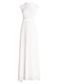 Witte vloerlange mouwloze jurk met kantafwerking op de kraag en armsgaten, getailleerde taille en vloeiende rok.