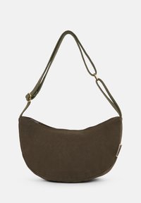 Dark green canvas shoulder bag with a curved design, adjustable strap, and a smooth texture. Features subtle stitching and a small logo tag.