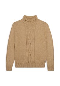 Pull en tricot beige avec un col côtelé haut, présentant un motif en câble sur le devant et des poignets et un ourlet côtelés pour plus de texture.