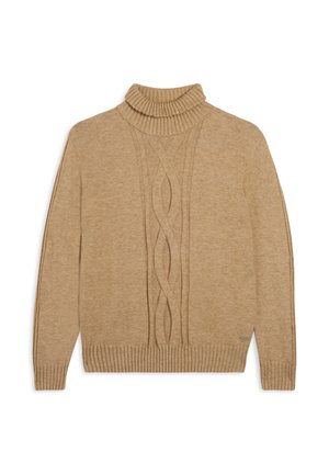 Suéter de punto beige con un alto cuello acanalado, que presenta un patrón de trenzas en la parte delantera y puños y dobladillo acanalados para darle textura.