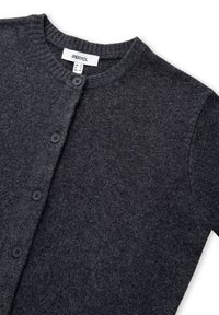 Donkergrijze wollen knoopjack met ronde halslijn en vier zichtbare zwarte knopen, met het label IPEKYOL, maat klein/extra klein.