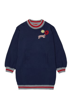 Navy sweatshirt dress with gray-red striped ribbed collar and cuffs. Features flower and embroidered “girl” details on the front.