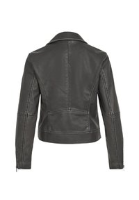 Schwarze Lederjacke mit klassischem Kragen, Reißverschlussärmeln und einer taillierten Passform mit dezenten Nähten auf der Rückseite.