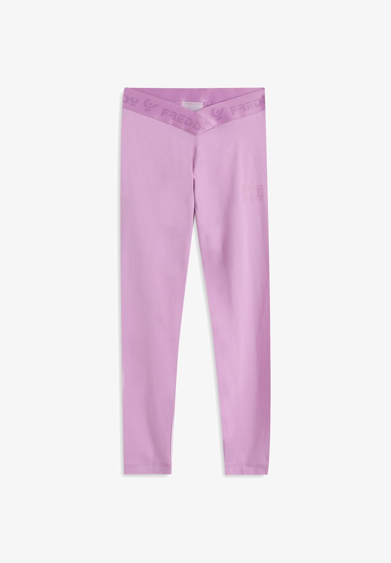 Leggings morados hechos de tela elástica, con un logo en relieve en la pretina frontal y un diseño elegante y aerodinámico.