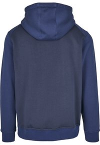 Felpa blu navy con cappuccio regolabile, polsini e orlo a coste. Tessuto morbido con una superficie liscia e accenti sulle spalle in contrasto.