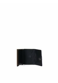 Black leather wallet with a suede texture interior, featuring multiple card slots and a snap button closure. Compact rectangular design.