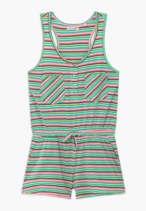 Ærmeløs romper med striber i grøn, pink, gul og hvid i vandrette linjer, to forlommer, tre knapper og en snøre i livet.