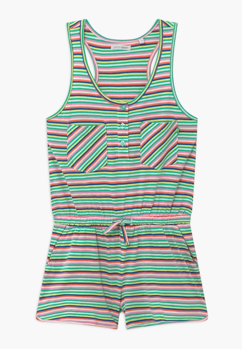 Ärmelloser gestreifter Overall mit grünen, rosa, gelben und weißen horizontalen Linien, zwei vorderen Taschen, drei Knöpfen und einem Kordelzug in der Taille.