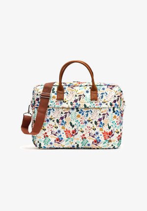 Laptoptasche mit floralem Muster auf crèmefarbenem Hintergrund, braunen Lederelementen, doppelten Griffen und einem verstellbaren Schultergurt.
