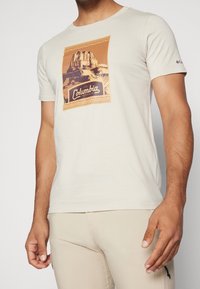 Cremefarvet t-shirt med korte ærmer lavet af bomuld, med et grafisk print af et bjerglandskab og et "Columbia"-logo i jordfarver.