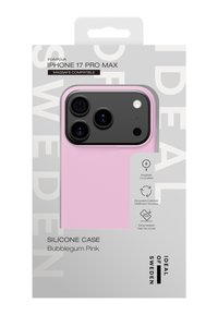 Rosa silikon deksel for iPhone 17 Pro Max med utskjæring for trippelt kamera, kompatibelt med MagSafe, laget av resirkulerte materialer og støvtetestet.