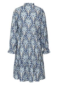 Abito stampato in azzurro chiaro e blu navy, con colletto alto, maniche lunghe e orlo svasato con dettagli a volant, realizzato in tessuto testurizzato.