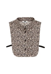 Leopardo rašto nuimamas marškinių apykaklė su juodais mygtukais ir juodomis šoninėmis dirželėmis užsegimui.