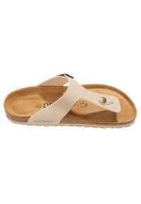 Infradito beige con una fascia curva, soletta in tessuto color nocciola, e un piccolo bottone decorativo. Suola simile al sughero che offre grip e comfort.